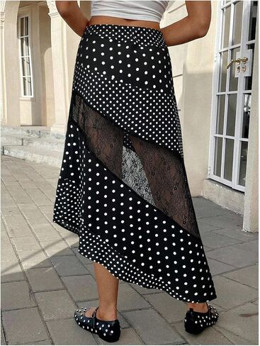 تنورة MakeMeChic النسائية للخريف متوسطة الطول تنورة مكشكشة غير متماثلة من الدانتيل بوهو منقوشة بالورود in Kuwait