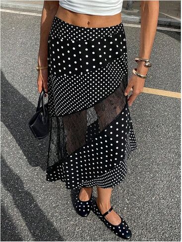 تنورة MakeMeChic النسائية للخريف متوسطة الطول تنورة مكشكشة غير متماثلة من الدانتيل بوهو منقوشة بالورود in Kuwait