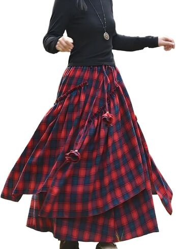 Vintage Asymmetrical Tiered Maxi Skirt, Double-Sided Plaid Pattern, A-Line Silhouette in Saudi Arabia