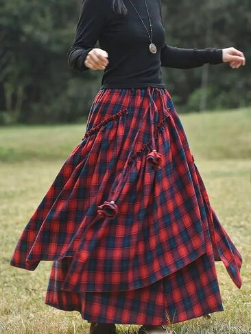 Vintage Asymmetrical Tiered Maxi Skirt, Double-Sided Plaid Pattern, A-Line Silhouette in Saudi Arabia