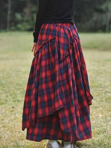 Vintage Asymmetrical Tiered Maxi Skirt, Double-Sided Plaid Pattern, A-Line Silhouette in Saudi Arabia
