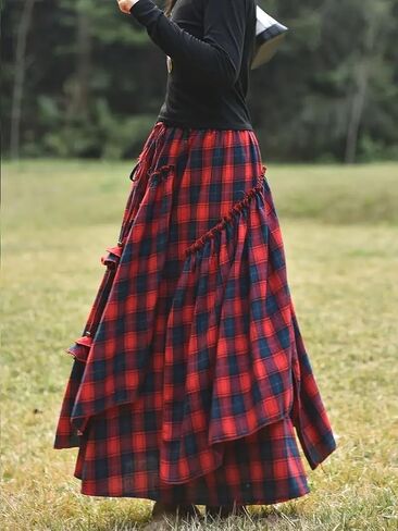 Vintage Asymmetrical Tiered Maxi Skirt, Double-Sided Plaid Pattern, A-Line Silhouette in Saudi Arabia