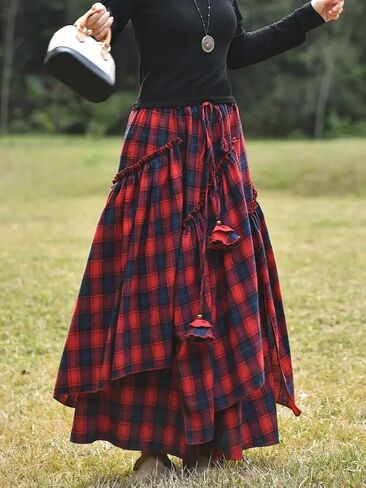 Vintage Asymmetrical Tiered Maxi Skirt, Double-Sided Plaid Pattern, A-Line Silhouette in Saudi Arabia