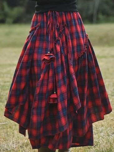 Vintage Asymmetrical Tiered Maxi Skirt, Double-Sided Plaid Pattern, A-Line Silhouette in Saudi Arabia