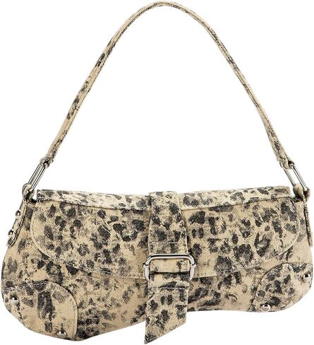 QWINEE Women's Y2K Leopard Print Shoulder Bag Denim Handbags Retro Cheetah Purses Top Handle Buckle Clutch Underarm Bag in Saudi Arabia