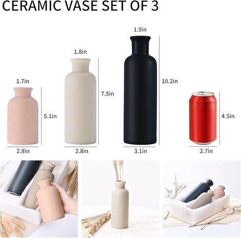 مجموعة مزهرية سيراميك مكونة من 3 قطع، مزهرية مزرعة حديثة، مزهرية زهور صغيرة محايدة للطاولة وغرفة المعيشة والرف ورف الكتب وديكور المدخل (متعدد الألوان-3 قطع طراز B) in Kuwait