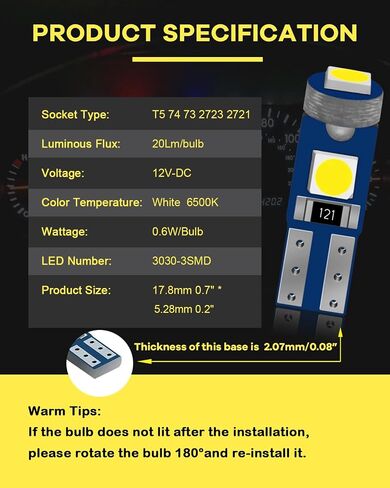 مصابيح Alopee T5 LED بيضاء 12 فولت 2721 2723 بديلة - مصابيح لوحة القيادة فائقة السطوع لمجموعة أدوات السيارة، أضواء الباب، متوافقة مع نماذج 73 74 37 (عبوة من 10) in Kuwait