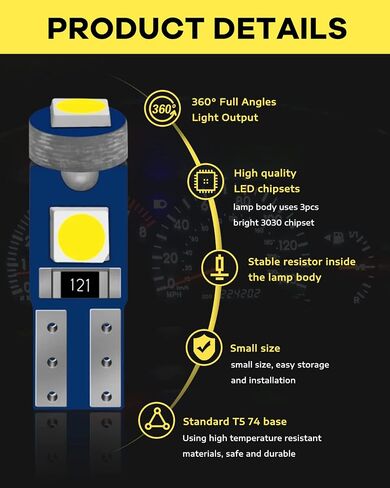 مصابيح Alopee T5 LED بيضاء 12 فولت 2721 2723 بديلة - مصابيح لوحة القيادة فائقة السطوع لمجموعة أدوات السيارة، أضواء الباب، متوافقة مع نماذج 73 74 37 (عبوة من 10) in Kuwait