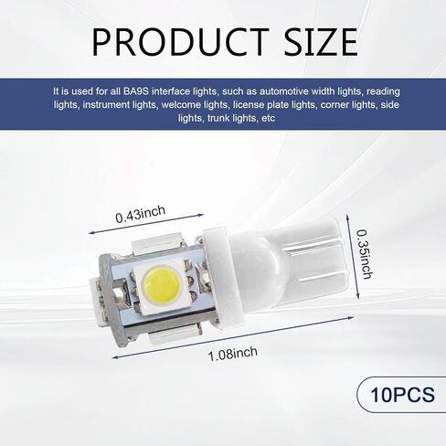 10PCS T10 Car LED Light Bulb, Wedge LED Bulb 5SMD 5050 Chips, 12V Dash Bulbs Replaces 194 158 168 193 198, Auto Interior Lights for Dome Map, Trunk, dashboard (White) in Saudi Arabia