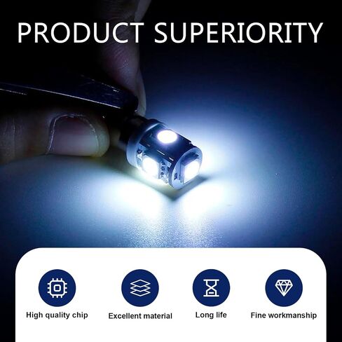 10PCS T10 Car LED Light Bulb, Wedge LED Bulb 5SMD 5050 Chips, 12V Dash Bulbs Replaces 194 158 168 193 198, Auto Interior Lights for Dome Map, Trunk, dashboard (White) in Saudi Arabia