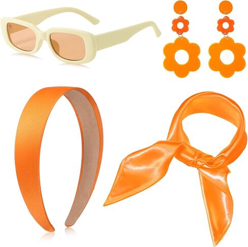 4 Pcs 70s 60s Accessories Women Hippie Disco Groovy Costume Accessories Headband Dangle Earrings Sunglasses Silk Scarf in Saudi Arabia