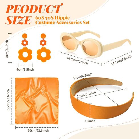 4 Pcs 70s 60s Accessories Women Hippie Disco Groovy Costume Accessories Headband Dangle Earrings Sunglasses Silk Scarf in Saudi Arabia