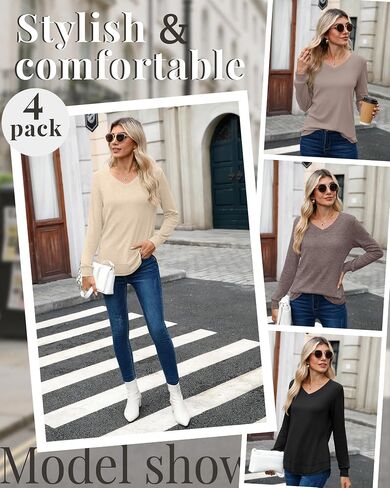4 Pack Womens Long Sleeve T Shirts Cotton V Neck Loose Fit Causal Fall Tops Curved Hem Trendy Clothes in Saudi Arabia