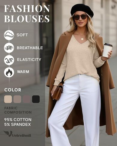4 Pack Womens Long Sleeve T Shirts Cotton V Neck Loose Fit Causal Fall Tops Curved Hem Trendy Clothes in Saudi Arabia
