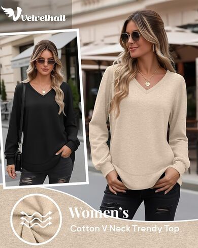 4 Pack Womens Long Sleeve T Shirts Cotton V Neck Loose Fit Causal Fall Tops Curved Hem Trendy Clothes in Saudi Arabia