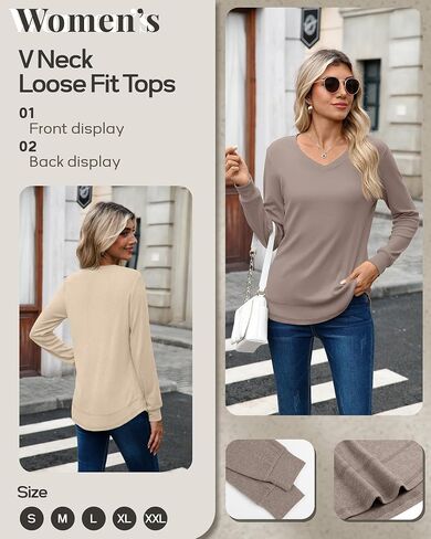 4 Pack Womens Long Sleeve T Shirts Cotton V Neck Loose Fit Causal Fall Tops Curved Hem Trendy Clothes in Saudi Arabia