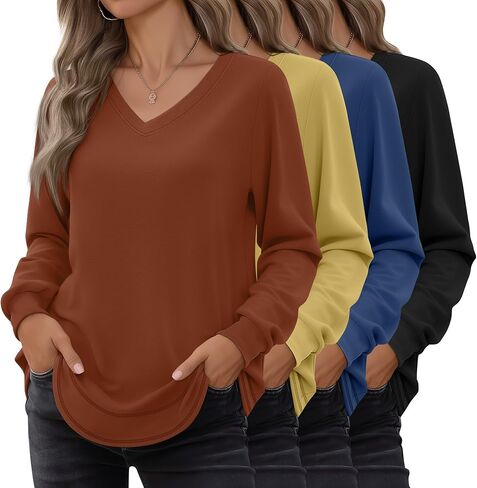 4 Pack Womens Long Sleeve T Shirts Cotton V Neck Loose Fit Causal Fall Tops Curved Hem Trendy Clothes in Saudi Arabia