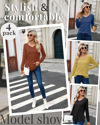 4 Pack Womens Long Sleeve T Shirts Cotton V Neck Loose Fit Causal Fall Tops Curved Hem Trendy Clothes in Saudi Arabia