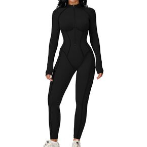 AEEZO Womens Contour Seams Long Sleeve Padded Workout Jumpsuit Zip Up Tummy Control One Piece Bodycon Yoga Rompers in Saudi Arabia