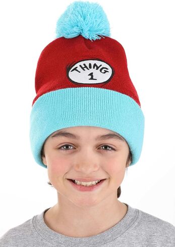 Dr. Seuss Thing 1 Pom Pom Beanie - Knit Beanie with Embroidered Patch and Pompom, Officially Licensed in Saudi Arabia
