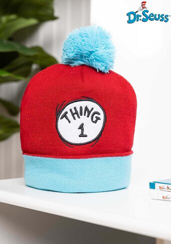 Dr. Seuss Thing 1 Pom Pom Beanie - Knit Beanie with Embroidered Patch and Pompom, Officially Licensed in Saudi Arabia