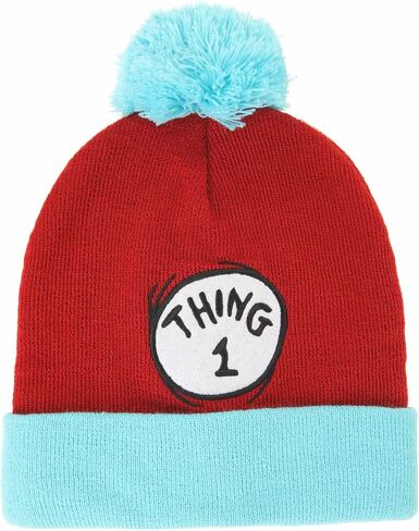 Dr. Seuss Thing 1 Pom Pom Beanie - Knit Beanie with Embroidered Patch and Pompom, Officially Licensed in Saudi Arabia