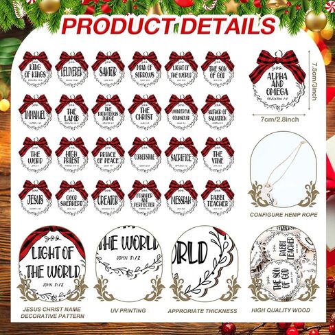 Soaoo 50 Pcs Names of Jesus Wood Ornaments for Crafts Christmas Wooden Christmas Ornaments Wooden Christmas Ornaments Names of Jesus Christmas Ornaments with Red Buffalo Plaid Bows Decor (Stylish) in Saudi Arabia