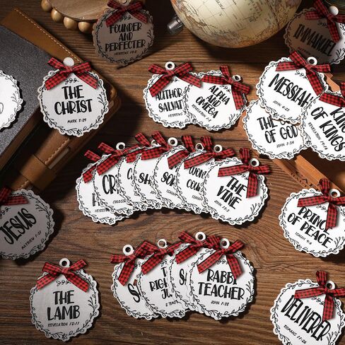 Soaoo 50 Pcs Names of Jesus Wood Ornaments for Crafts Christmas Wooden Christmas Ornaments Wooden Christmas Ornaments Names of Jesus Christmas Ornaments with Red Buffalo Plaid Bows Decor (Stylish) in Saudi Arabia