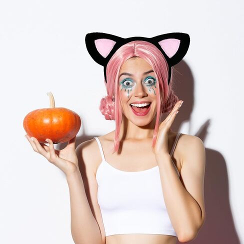 Cat Ears Headband with Pink Inner Ears – Fuzzy Plush Kitten Costume Hair Accessory for Adults and Kids, Soft Makeup Headband for Halloween, Cosplay, Photo Props, and Animal-Themed Party Favors in Saudi Arabia