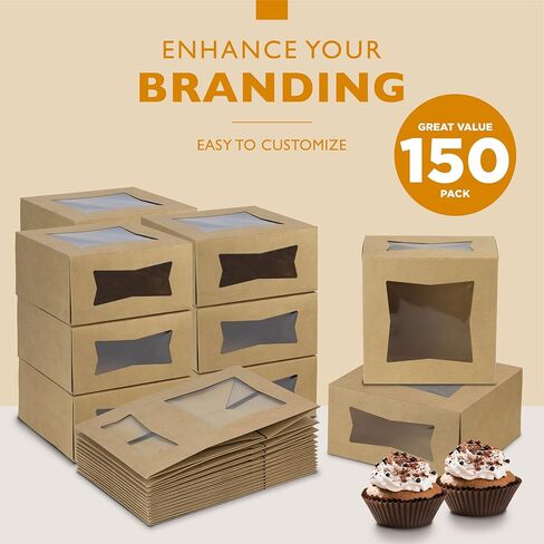 Fit Meal Prep [25 Pack] Cake Boxes with Window 8x8x4 Auto Pop-Up Bakery Containers for Dessert, Cookies, and Pastry Gift Treat Box for Packaging Cake Carrier for Valentine's Day, Christmas Kraft in Saudi Arabia