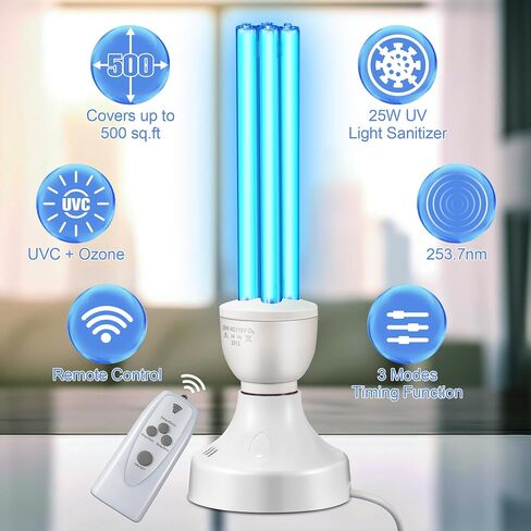 Qualirey 25 Watt UV Light Sanitizer, UVC Lamp with E27 Base and Remote Control, UV Light Bulb for Basement/Bedroom/Kitchen, with Ozone in Saudi Arabia