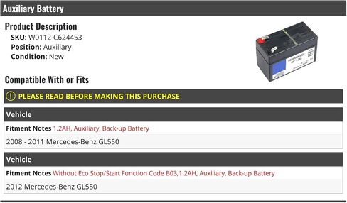 Auxiliary Battery - 1.2AH - Compatible with 2008-2012 Mercedes-Benz GL550 (without Eco Stop Start) in Saudi Arabia