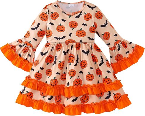 Halloween Little Girl Dress Pumpkin/Bat Outfit Flared Sleeve Ruffled Dresses 3-8T in Saudi Arabia