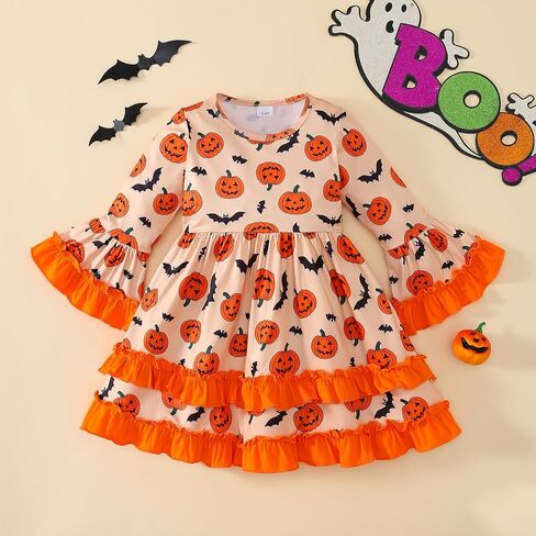 Halloween Little Girl Dress Pumpkin/Bat Outfit Flared Sleeve Ruffled Dresses 3-8T in Saudi Arabia