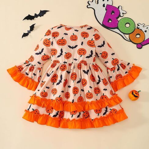 Halloween Little Girl Dress Pumpkin/Bat Outfit Flared Sleeve Ruffled Dresses 3-8T in Saudi Arabia