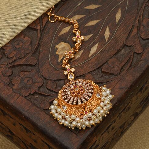Tarinika Antique Gold Plated Vasudeva Maangtika with Peacock Design - Indian Mang Tika for Women and Girls - Perfect for Ethnic Occasions | Bollywood Maang Tikka | 1 Year Warranty* in Kuwait
