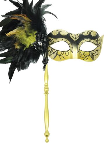 Masquerade Mask for Women with Stick, Shiny Women's Feather Mardi Gras Venetian Mask for Prom Ball Costume Party in Kuwait