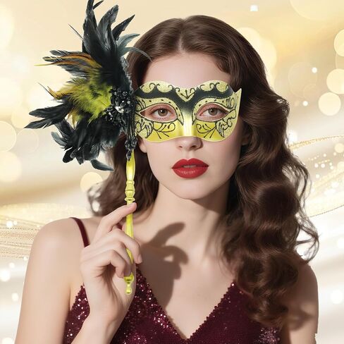 Masquerade Mask for Women with Stick, Shiny Women's Feather Mardi Gras Venetian Mask for Prom Ball Costume Party in Kuwait
