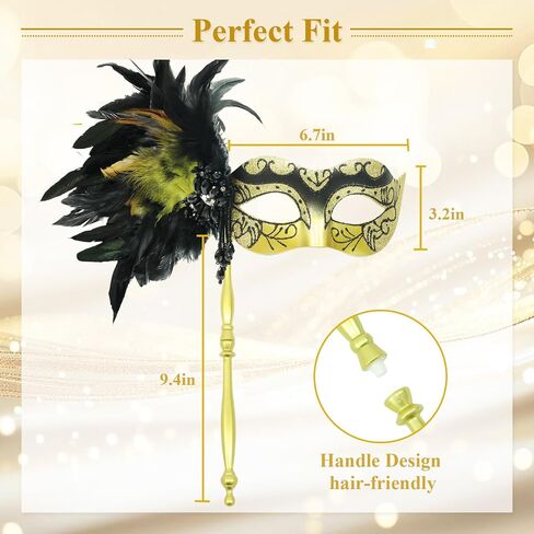 Masquerade Mask for Women with Stick, Shiny Women's Feather Mardi Gras Venetian Mask for Prom Ball Costume Party in Kuwait