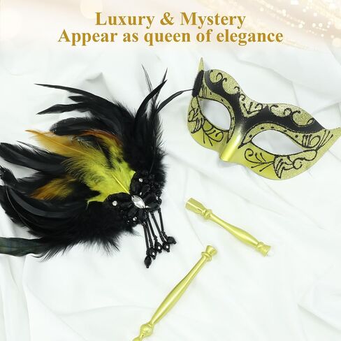 Masquerade Mask for Women with Stick, Shiny Women's Feather Mardi Gras Venetian Mask for Prom Ball Costume Party in Kuwait