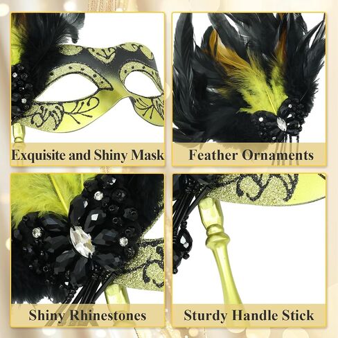 Masquerade Mask for Women with Stick, Shiny Women's Feather Mardi Gras Venetian Mask for Prom Ball Costume Party in Kuwait