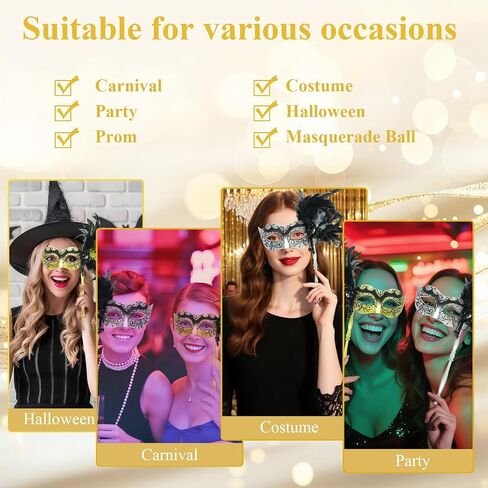 Masquerade Mask for Women with Stick, Shiny Women's Feather Mardi Gras Venetian Mask for Prom Ball Costume Party in Kuwait