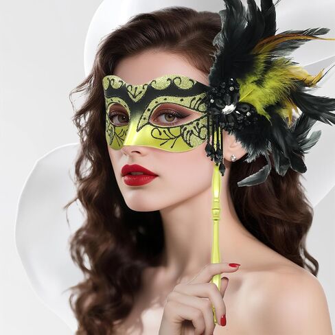 Masquerade Mask for Women with Stick, Shiny Women's Feather Mardi Gras Venetian Mask for Prom Ball Costume Party in Kuwait