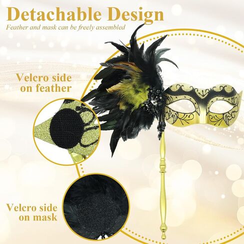 Masquerade Mask for Women with Stick, Shiny Women's Feather Mardi Gras Venetian Mask for Prom Ball Costume Party in Kuwait
