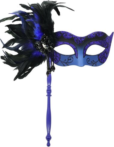 Masquerade Mask for Women with Stick, Shiny Women's Feather Mardi Gras Venetian Mask for Prom Ball Costume Party in Kuwait