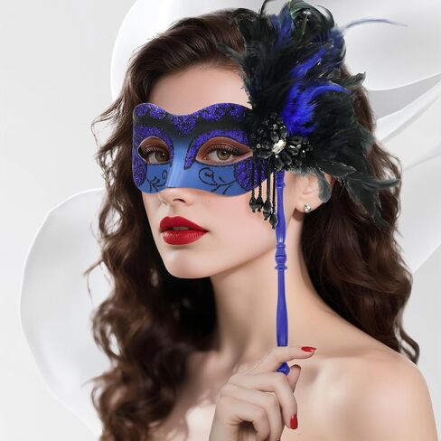 Masquerade Mask for Women with Stick, Shiny Women's Feather Mardi Gras Venetian Mask for Prom Ball Costume Party in Kuwait