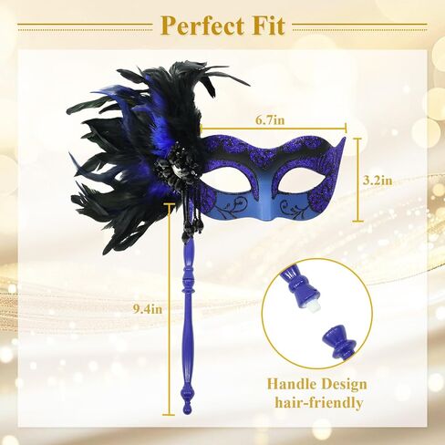 Masquerade Mask for Women with Stick, Shiny Women's Feather Mardi Gras Venetian Mask for Prom Ball Costume Party in Kuwait