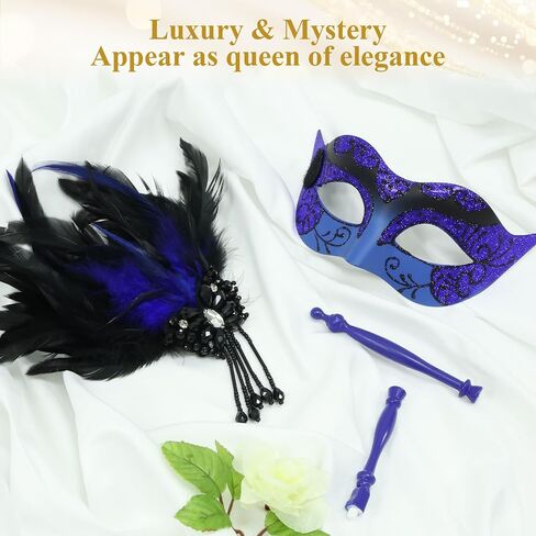 Masquerade Mask for Women with Stick, Shiny Women's Feather Mardi Gras Venetian Mask for Prom Ball Costume Party in Kuwait