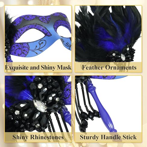 Masquerade Mask for Women with Stick, Shiny Women's Feather Mardi Gras Venetian Mask for Prom Ball Costume Party in Kuwait