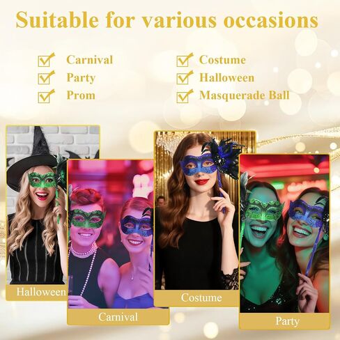 Masquerade Mask for Women with Stick, Shiny Women's Feather Mardi Gras Venetian Mask for Prom Ball Costume Party in Kuwait